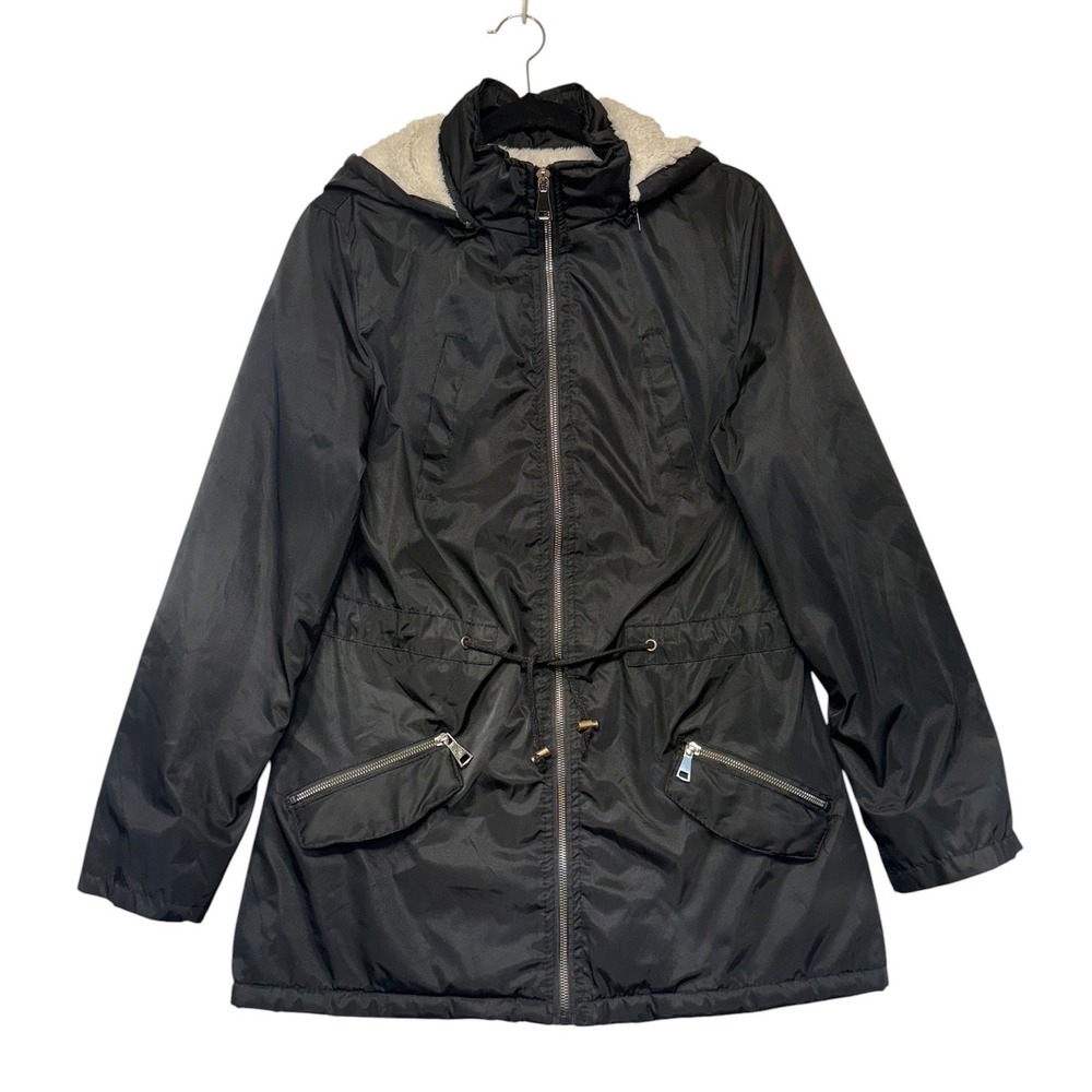 Love Me Now Womens Black Anorak Jacket Faux Fur Lined Hood Drawstring Waist Sz M